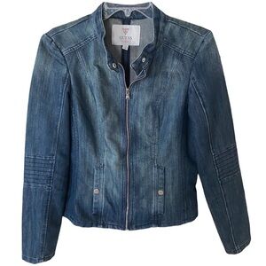 Guess motor jacket jeans style size L, dark wash, snaps, zipper great condition